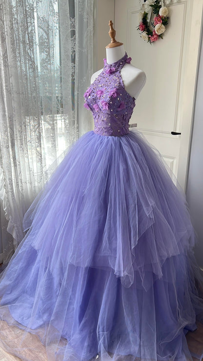 Sweet 16 Quinceanera Dress Ball Gown High Neck Tulle Lilac With Flowers Birthday Party Gown RC0861
