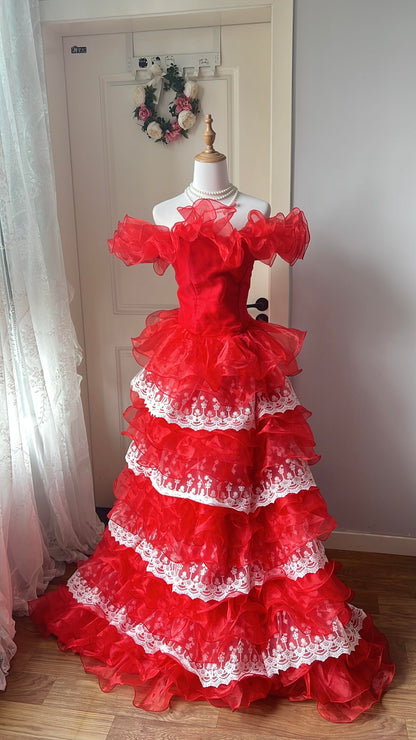Prom Dress Modest Ball Gown Off The Shoulder Red Formal Party Gown With Tiered Layers For Senior Women RC0859
