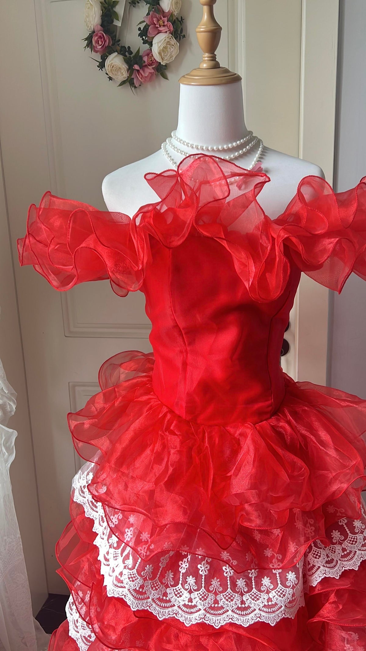 Prom Dress Modest Ball Gown Off The Shoulder Red Formal Party Gown With Tiered Layers For Senior Women RC0859