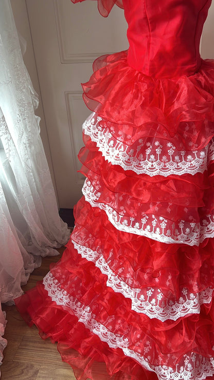 Prom Dress Modest Ball Gown Off The Shoulder Red Formal Party Gown With Tiered Layers For Senior Women RC0859