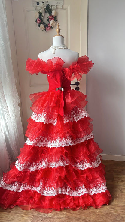 Prom Dress Modest Ball Gown Off The Shoulder Red Formal Party Gown With Tiered Layers For Senior Women RC0859