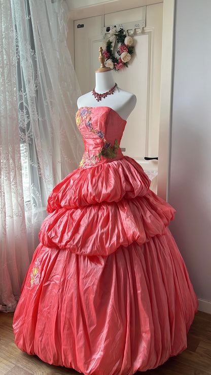 Sweet 16 Quinceanera Dress Ball Gown Strapless Coral Taffeta With Tiered Lace Birthday Party Gown RC0857