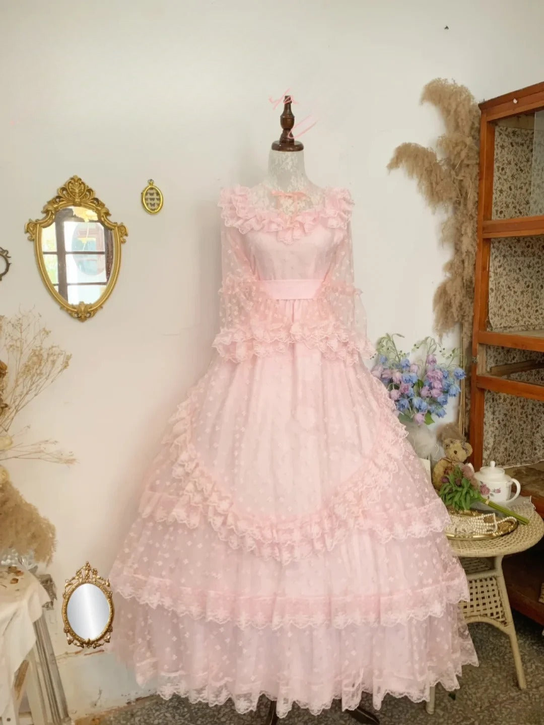 Sweet 16 Dress Ball Gown High Neck Pink Lace With Sleeves Vestido De 15 Sweet Sixteen Dress RB9764