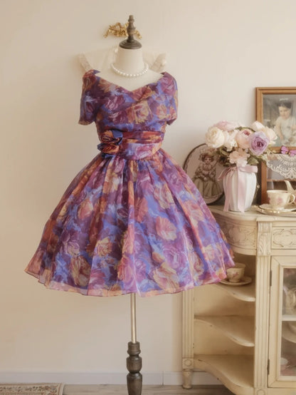 Vintage Hoco Dress Ball Gown Off Shoulder Floral Short Length Homecoming Party Dresses RB9766