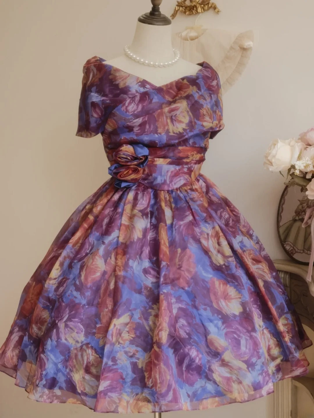 Vintage Hoco Dress Ball Gown Off Shoulder Floral Short Length Homecoming Party Dresses RB9766