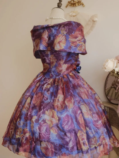Vintage Hoco Dress Ball Gown Off Shoulder Floral Short Length Homecoming Party Dresses RB9766