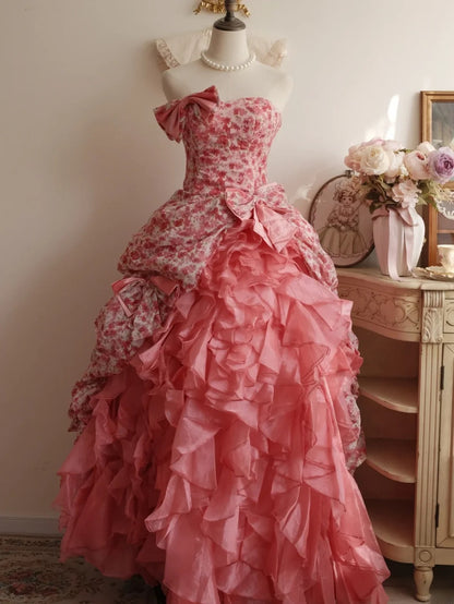 Sweet 16 Dress Ball Gown Strapless Pink Floral With Tiered Vestido De 15 Sweet Sixteen Dress RB9768