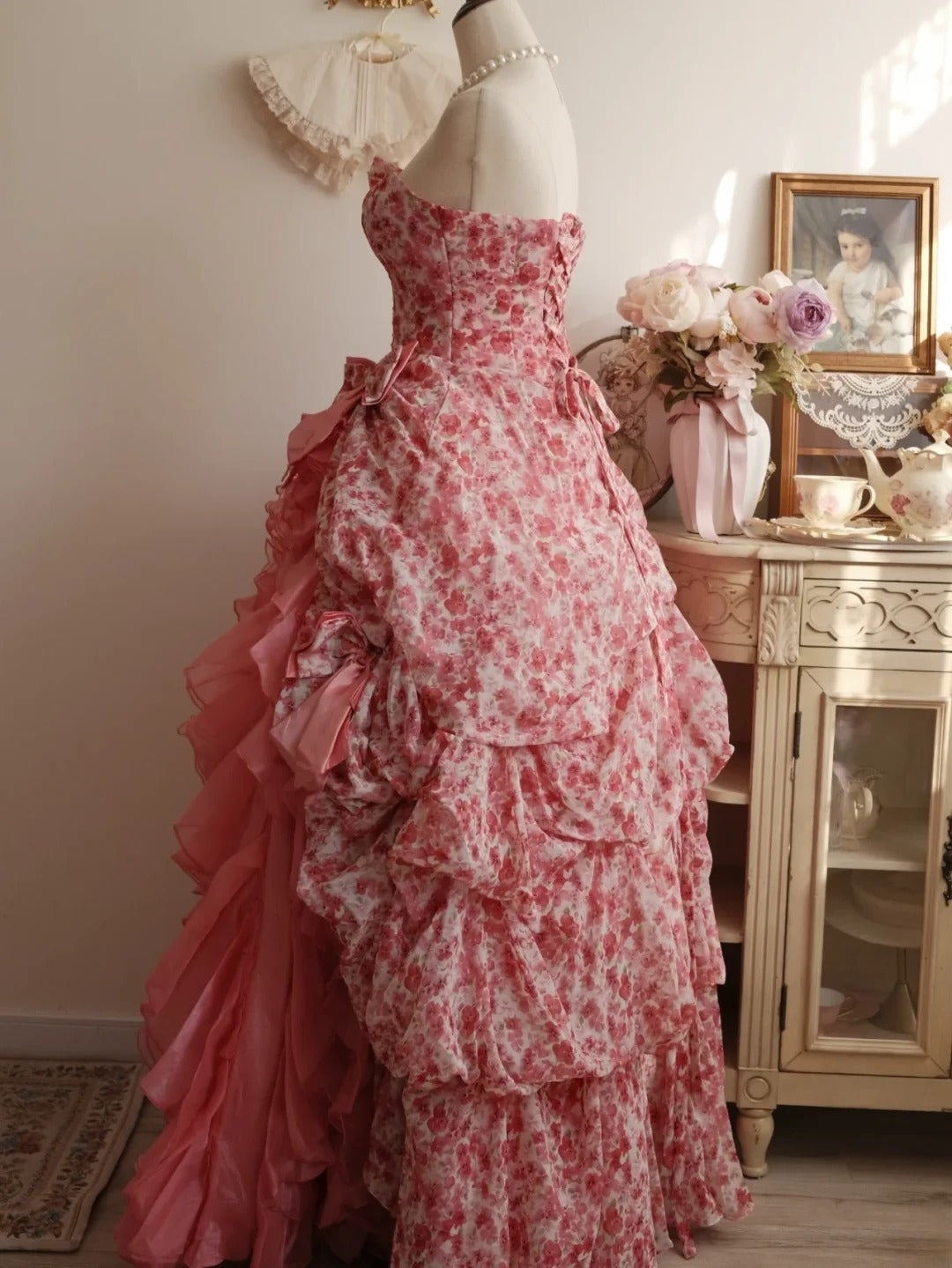 Sweet 16 Dress Ball Gown Strapless Pink Floral With Tiered Vestido De 15 Sweet Sixteen Dress RB9768