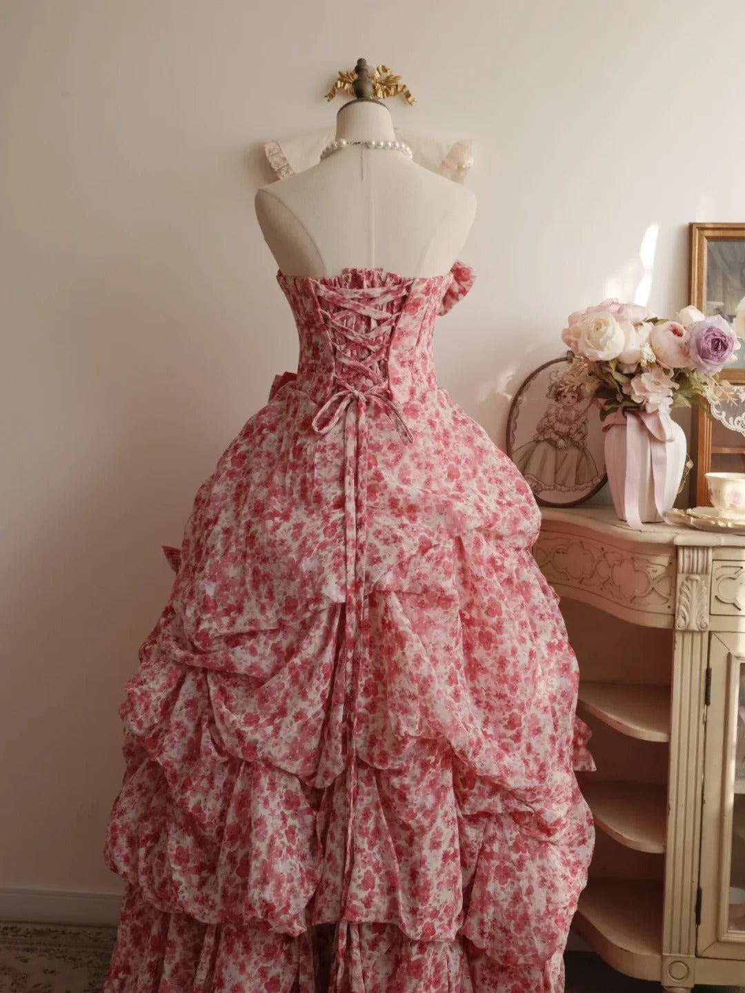 Sweet 16 Dress Ball Gown Strapless Pink Floral With Tiered Vestido De 15 Sweet Sixteen Dress RB9768
