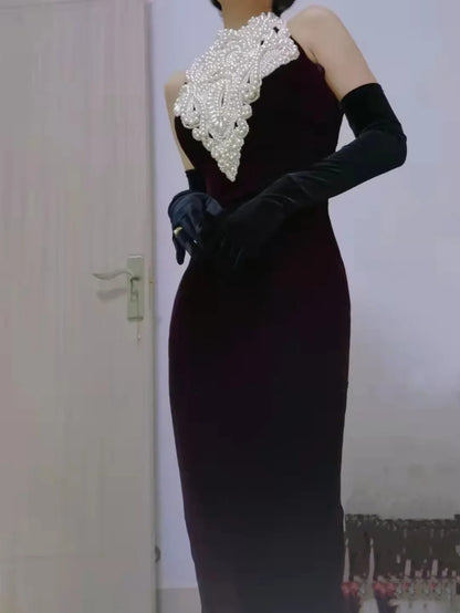Prom Dress Sheath High Neck Burgundy Velvet Long Romantic Evening Gown for Prom RB9770