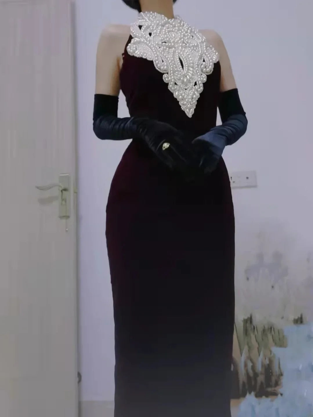 Prom Dress Sheath High Neck Burgundy Velvet Long Romantic Evening Gown for Prom RB9770