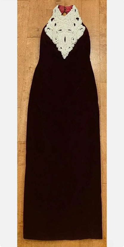 Prom Dress Sheath High Neck Burgundy Velvet Long Romantic Evening Gown for Prom RB9770