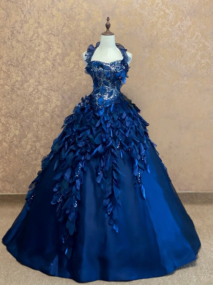 Sweet 16 Dress Navy Blue Ball Gown With Halter Satin Tulle Sweet Sixteen Dress RB9773