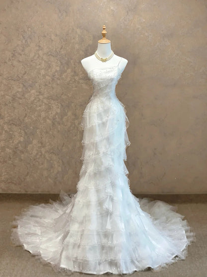 Prom Dress Mermaid One Shoulder Whit With Tiered Layers Long Romantic Evening Gown for Prom RB9778