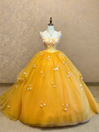 Sweet 16 Dress Yellow Ball Gown Spaghetti Straps With Flowers Sweet Sixteen Dress RB9781