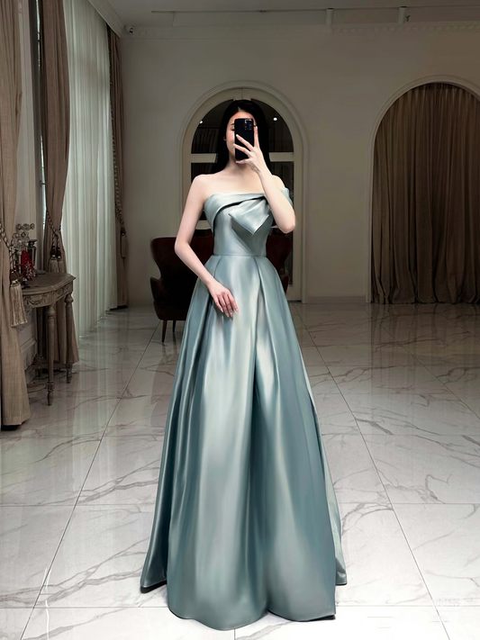 Elegant A Line Strapless Sleeveless Light Blue Satin Floor Length Prom Dress Inspiration Prom Dresses Graduation Dress AU001