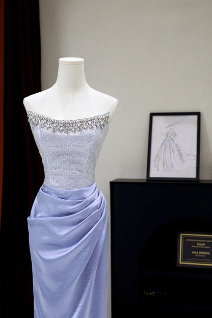 Modest Mermaid Strapless Blue Satin Silver Beads Top Prom Dresses Long Party Dress 20th Birthday Outfits Graduation Dress AU001