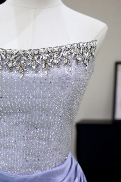 Modest Mermaid Strapless Blue Satin Silver Beads Top Prom Dresses Long Party Dress 20th Birthday Outfits Graduation Dress AU001