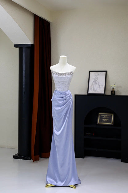 Modest Mermaid Strapless Blue Satin Silver Beads Top Prom Dresses Long Party Dress 20th Birthday Outfits Graduation Dress AU001