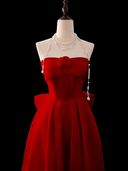 Modest A Line Strapless Red Chiffon With Flower Top Prom Dresses Long Party Dress 20th Birthday Outfits Graduation Dress AU001