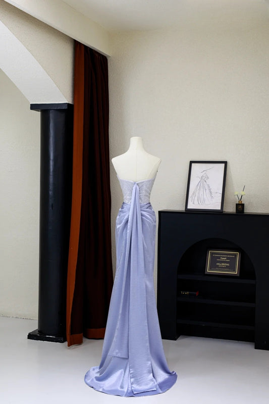 Modest Mermaid Strapless Blue Satin Silver Beads Top Prom Dresses Long Party Dress 20th Birthday Outfits Graduation Dress AU001