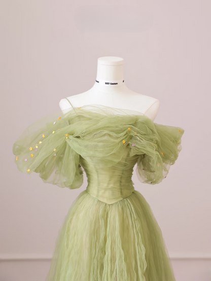 Elegant A line Off The Shoulder Green Tulle Long Floor Length Prom Dress Inspiration Prom Dresses Graduation Dress AU002