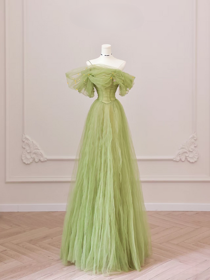 Elegant A line Off The Shoulder Green Tulle Long Floor Length Prom Dress Inspiration Prom Dresses Graduation Dress AU002