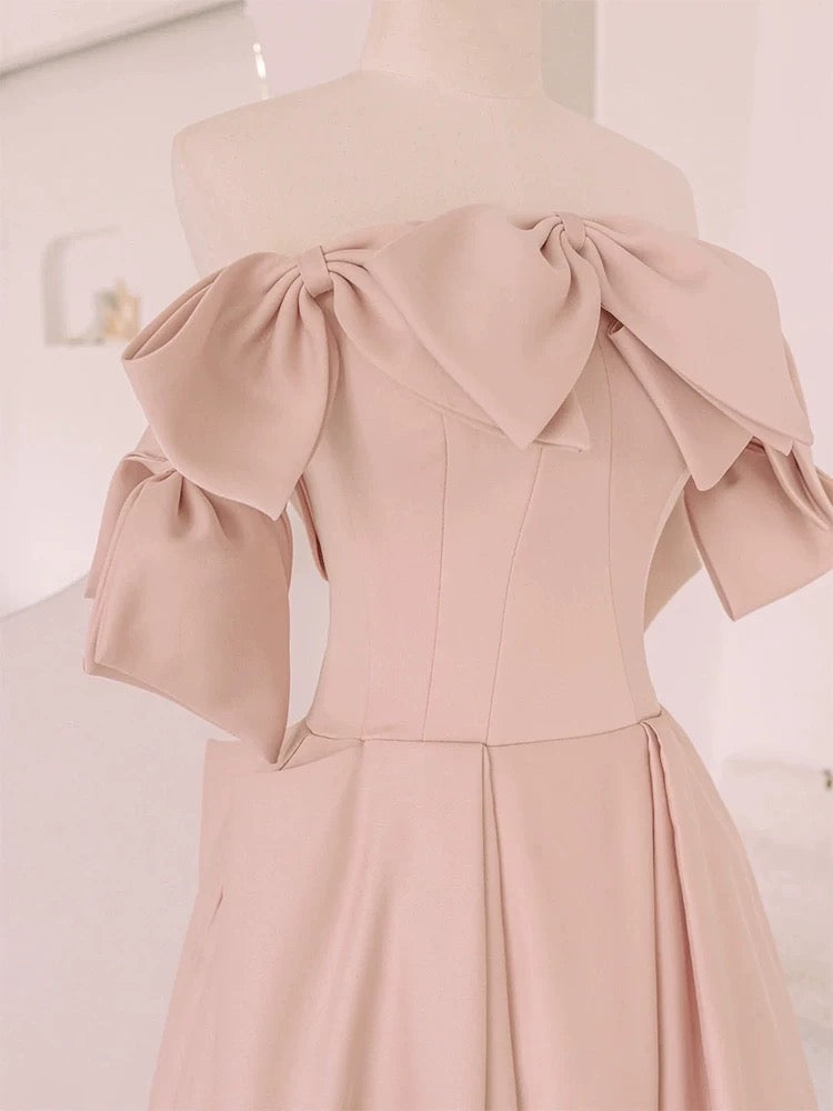 Modest A Line Strapless Blush Pink Satin With Bow Top Prom Dresses Long Party Dress 20th Birthday Outfits Graduation Dress AU002