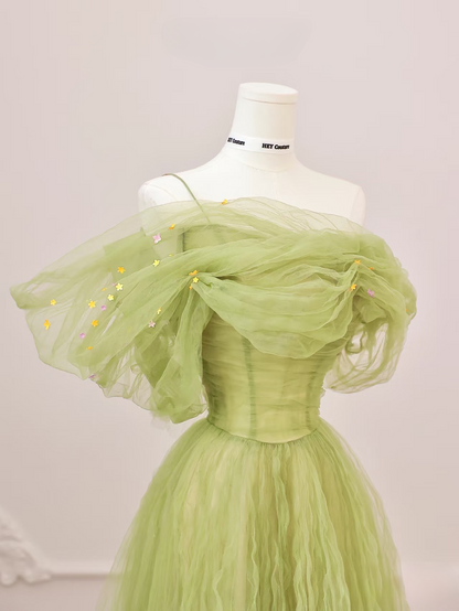 Elegant A line Off The Shoulder Green Tulle Long Floor Length Prom Dress Inspiration Prom Dresses Graduation Dress AU002