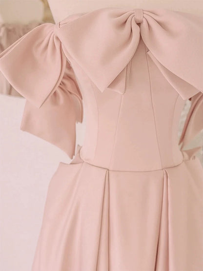 Modest A Line Strapless Blush Pink Satin With Bow Top Prom Dresses Long Party Dress 20th Birthday Outfits Graduation Dress AU002