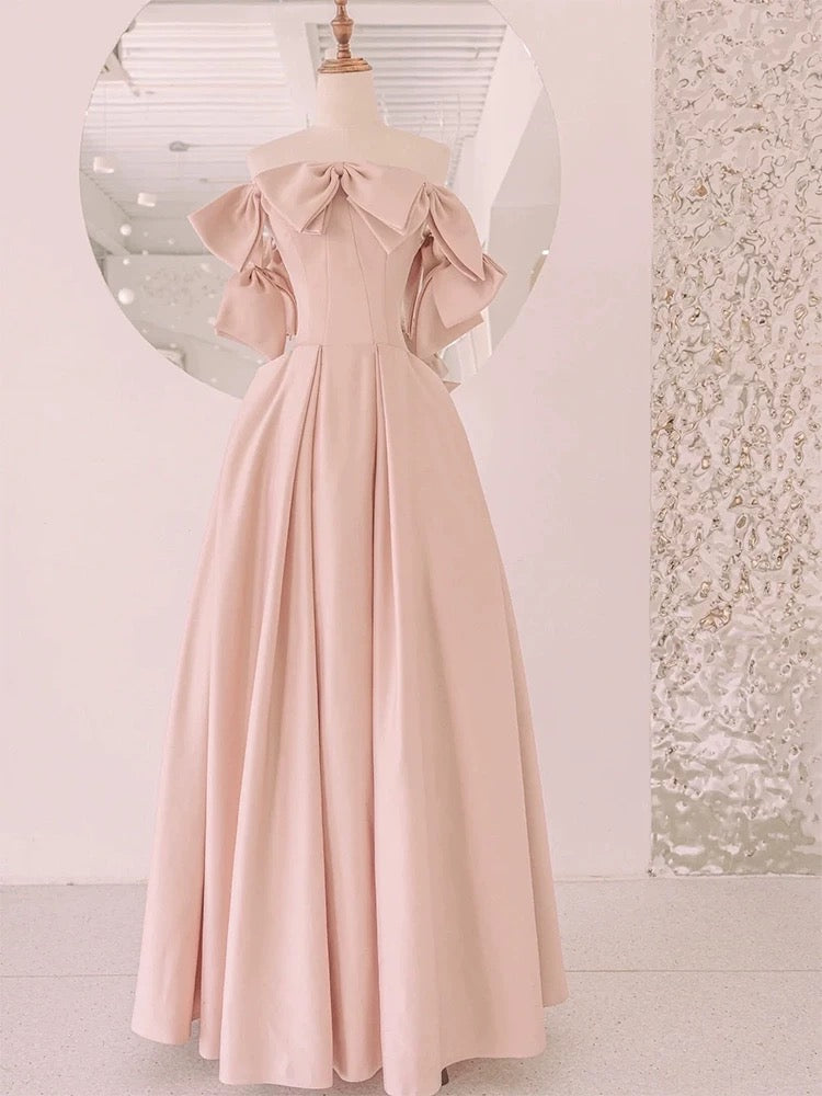 Modest A Line Strapless Blush Pink Satin With Bow Top Prom Dresses Long Party Dress 20th Birthday Outfits Graduation Dress AU002