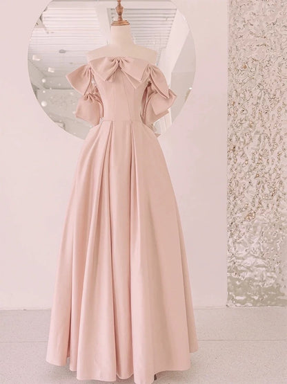 Modest A Line Strapless Blush Pink Satin With Bow Top Prom Dresses Long Party Dress 20th Birthday Outfits Graduation Dress AU002
