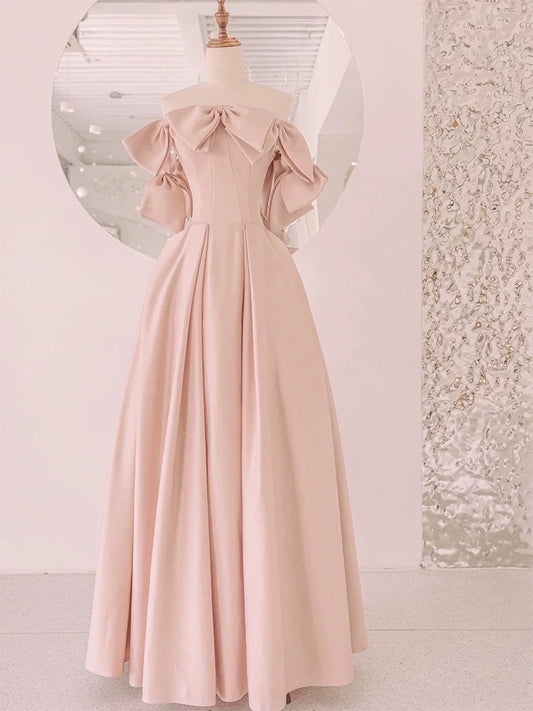 Modest A Line Strapless Blush Pink Satin With Bow Top Prom Dresses Long Party Dress 20th Birthday Outfits Graduation Dress AU002
