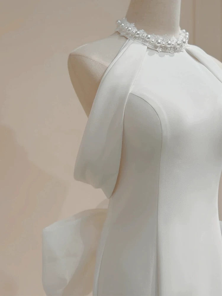 Simple Mermaid Halter White Satin 70s Fitted Long Wedding Dress Bride Gown Brides Dresses AU003