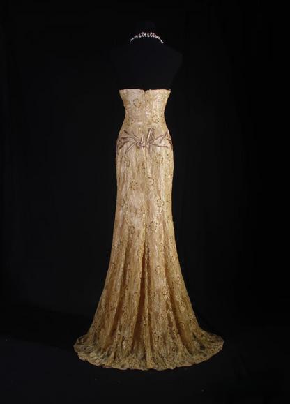 Retro Prom Dresses Mermaid Sweetheart Gold Lace Beads Vintage Long Prom Dresses Party Gowns AU004