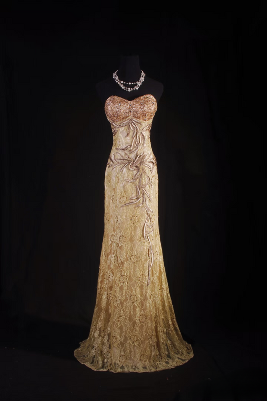 Retro Prom Dresses Mermaid Sweetheart Gold Lace Beads Vintage Long Prom Dresses Party Gowns AU004