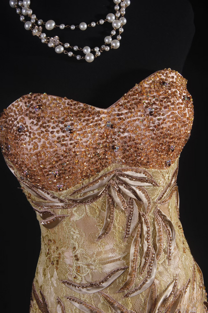 Retro Prom Dresses Mermaid Sweetheart Gold Lace Beads Vintage Long Prom Dresses Party Gowns AU004