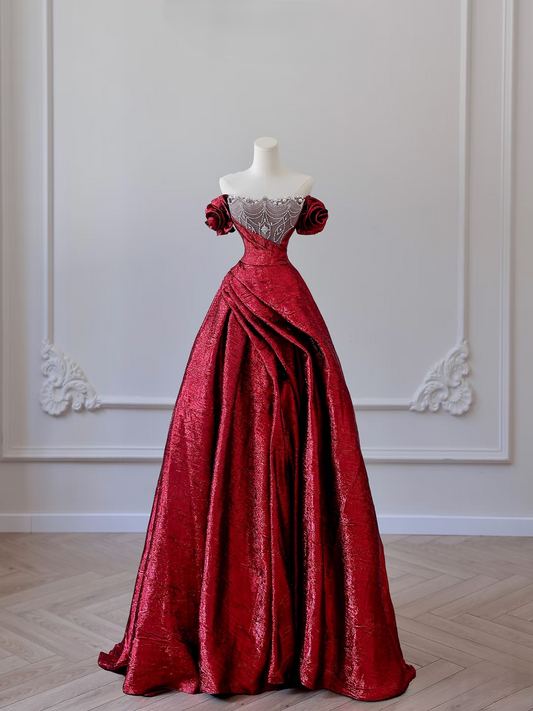 Ball Gown Off The Shoulder Cap Sleeves Satin Floor Length Burgundy Stunning Prom Dresses Inspiration Prom Dress Graduation Dress A005