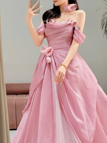 Pretty Ball Gown Strapless Pink Floor Length Tulle Flowers Prom Dresses Formal Dress Birthday Outfits Prom Gown AU005