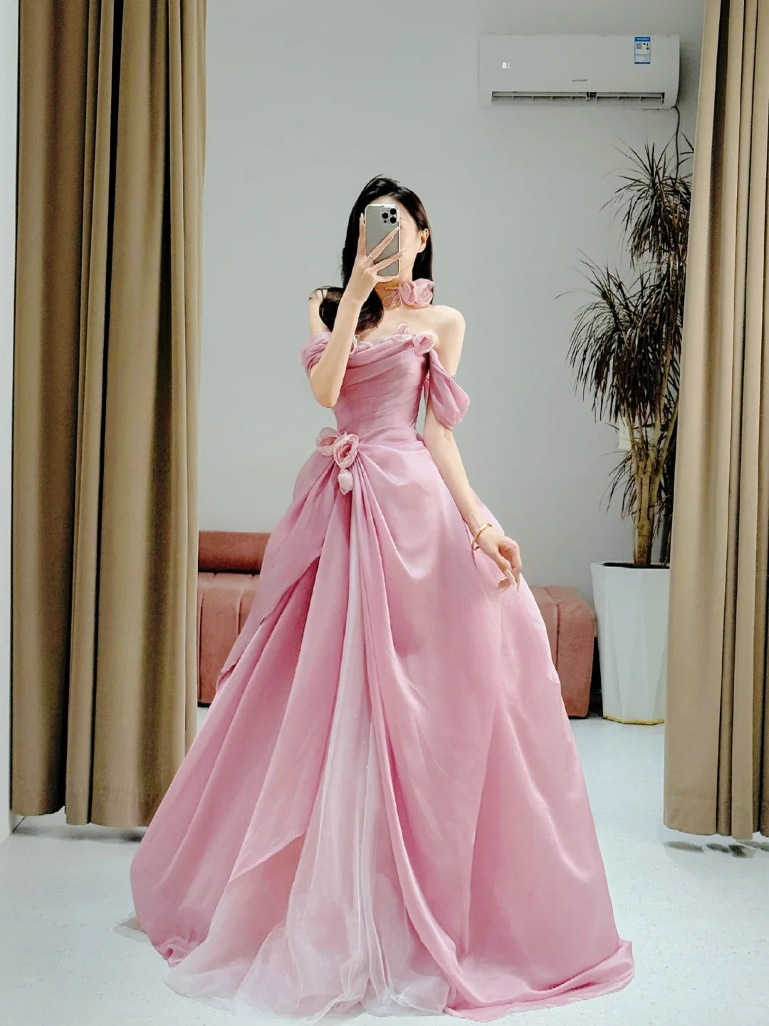 Pretty Ball Gown Strapless Pink Floor Length Tulle Flowers Prom Dresses Formal Dress Birthday Outfits Prom Gown AU005