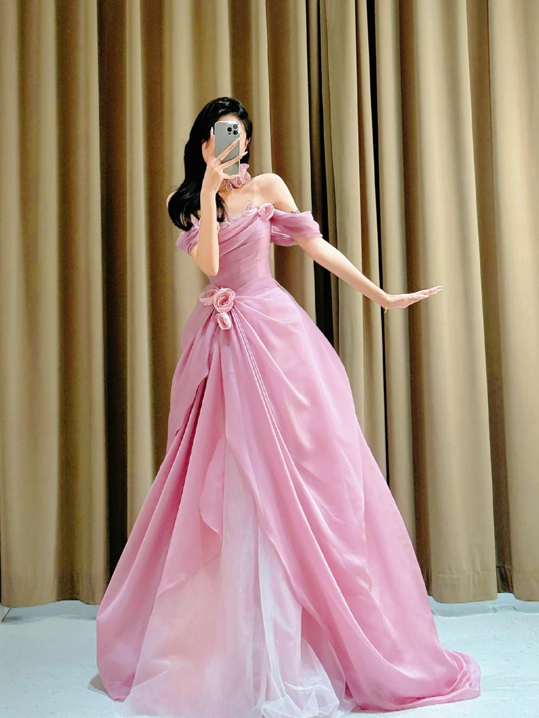 Pretty Ball Gown Strapless Pink Floor Length Tulle Flowers Prom Dresses Formal Dress Birthday Outfits Prom Gown AU005