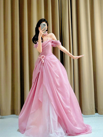 Pretty Ball Gown Strapless Pink Floor Length Tulle Flowers Prom Dresses Formal Dress Birthday Outfits Prom Gown AU005