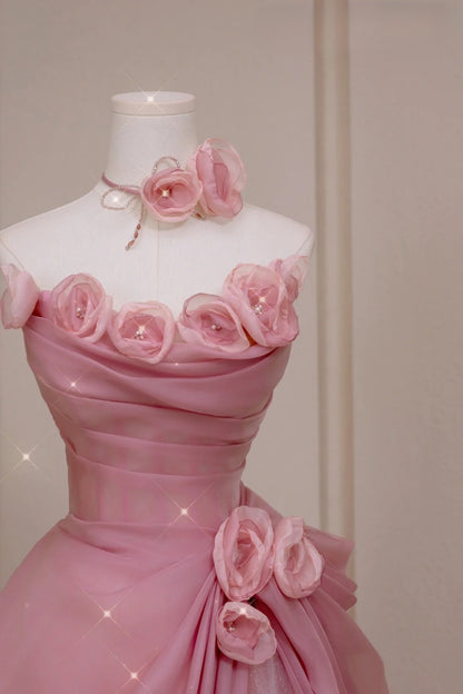 Pretty Ball Gown Strapless Pink Floor Length Tulle Flowers Prom Dresses Formal Dress Birthday Outfits Prom Gown AU005