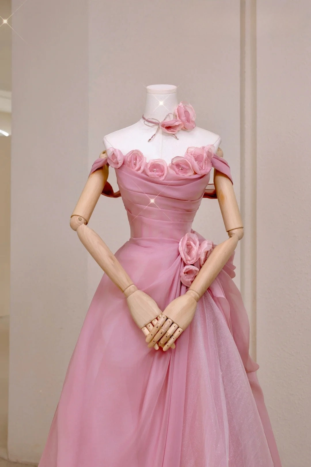 Pretty Ball Gown Strapless Pink Floor Length Tulle Flowers Prom Dresses Formal Dress Birthday Outfits Prom Gown AU005