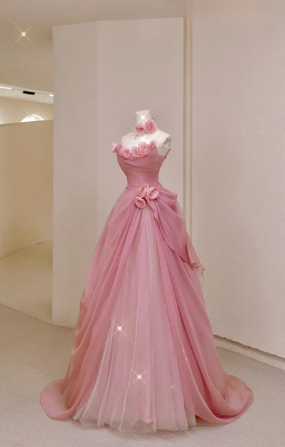 Pretty Ball Gown Strapless Pink Floor Length Tulle Flowers Prom Dresses Formal Dress Birthday Outfits Prom Gown AU005