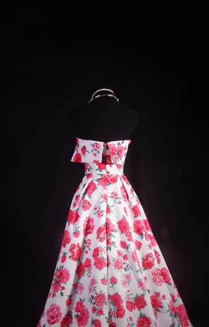 Charming A line Strapless Floral Pink Satin Inspiration Long Prom Dresses Evening Party Dress Prom Gowns AU006