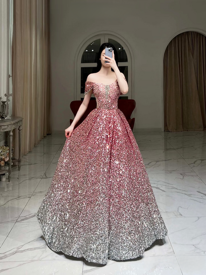 Ball Gown Off The Shoulder Cap Sleeves Sequin Ombre Pink Floor Length Stunning Prom Dresses Inspiration Prom Dress Princess Graduation Dress AU007