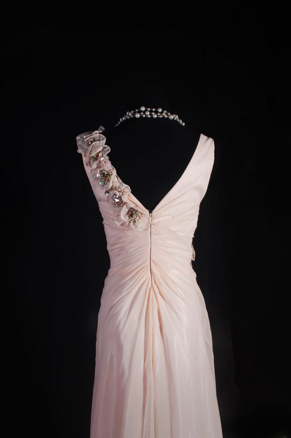 Vintage Prom Dresses 1950s Retro Classy A Line V Neck Pearl Pink Chiffon Inspo Long Prom Gown AU007