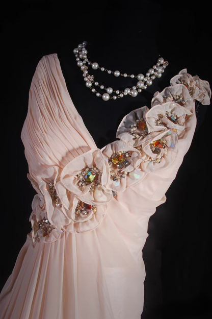 Vintage Prom Dresses 1950s Retro Classy A Line V Neck Pearl Pink Chiffon Inspo Long Prom Gown AU007