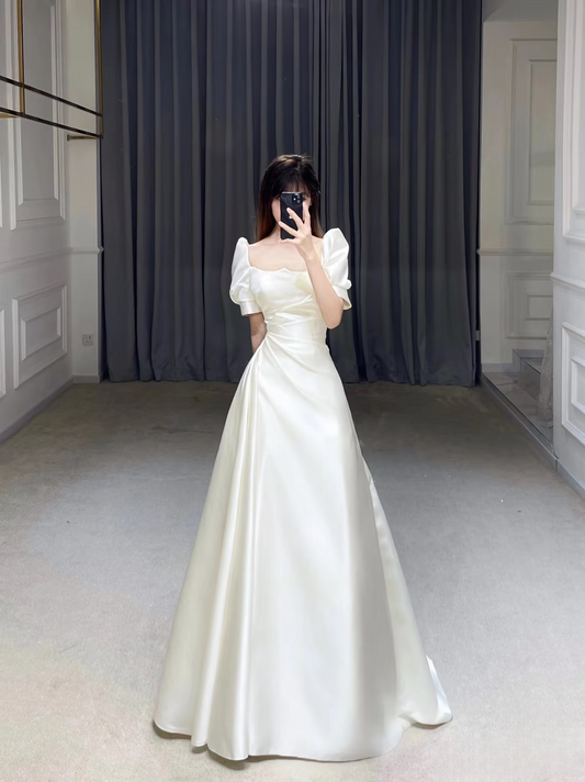 Cheap A line Square Neck Short Sleeves Long Satin White Wedding Dress Fairy Formal Wedding Dresses Civil Brides Gowns AU008
